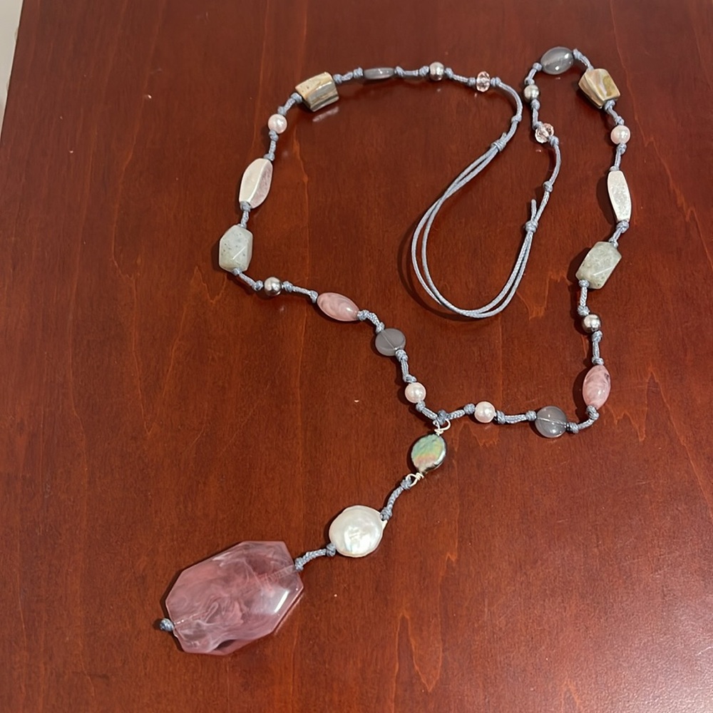 Beautiful Multi-Stone Pink, White, Gray Necklace on Gray Knotted Adjustable Cord
